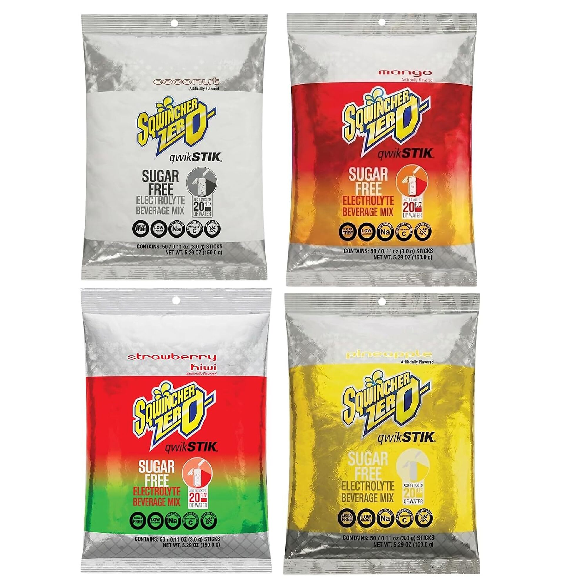 Sqwincher Zero Qwik Stik Sugar Free Electrolyte Powder Packets, 4 Tropical Flavor Variety, Coconut, Mango, Pineapple and Strawberry Kiwi, 0.11 oz, Makes 20 oz, 200 Count